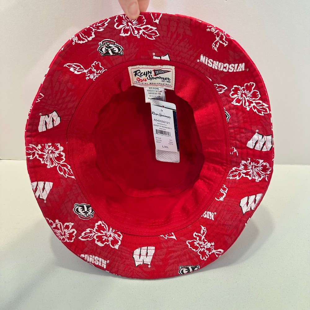 Reyn Spooner Wisconsin Badgers Hibiscus Floral Bucket Hat Red Mens L/XL NEW - Picture 5 of 8